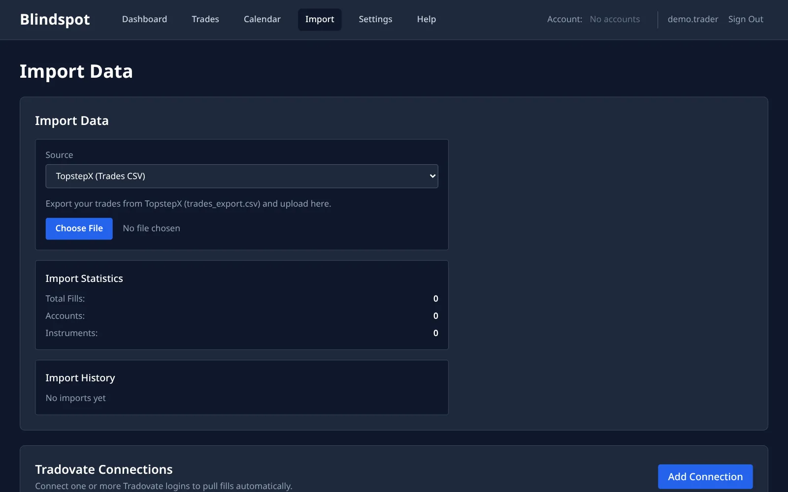 Blindspot import page with TopstepX (Trades CSV) selected as the source and a file chooser