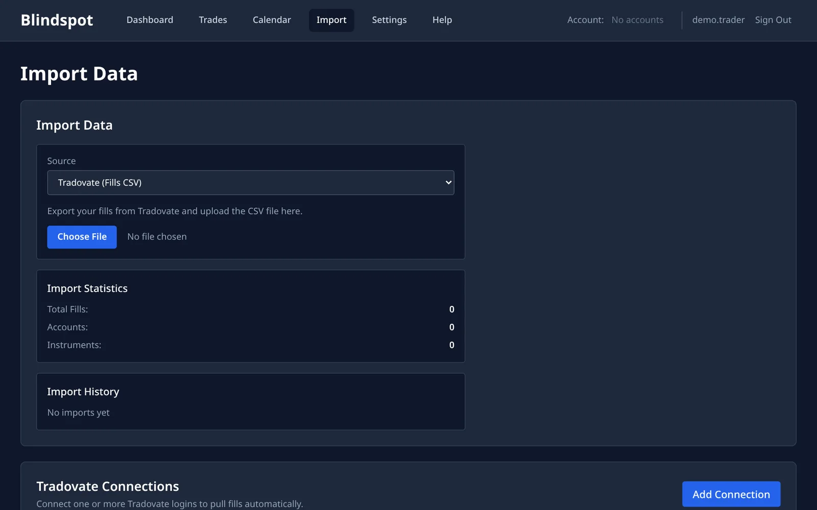 Blindspot import page with Tradovate (CSV) selected as the source and a file chooser